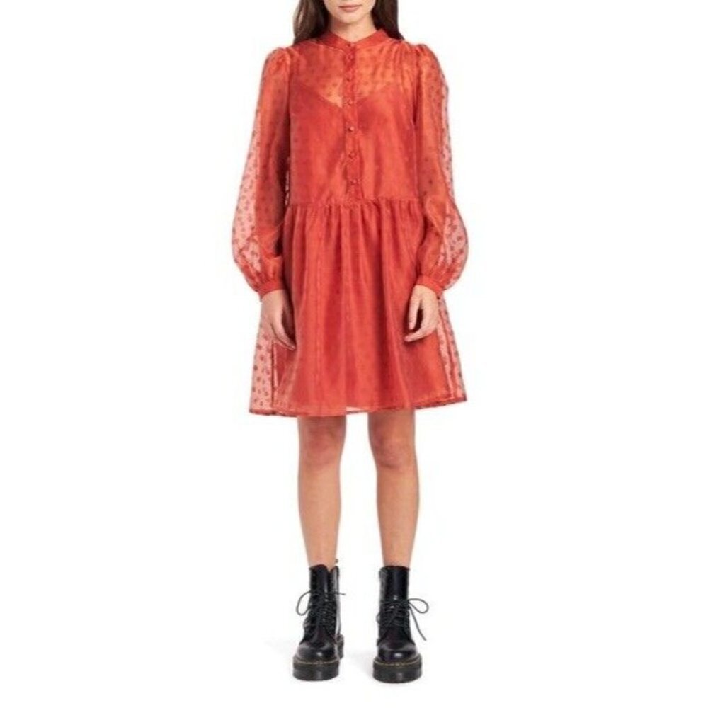 EN SAISON SIZE M EMBROIDERED DOT LONG SLEEVE BABYDOLL MINIDRESS IN RUST